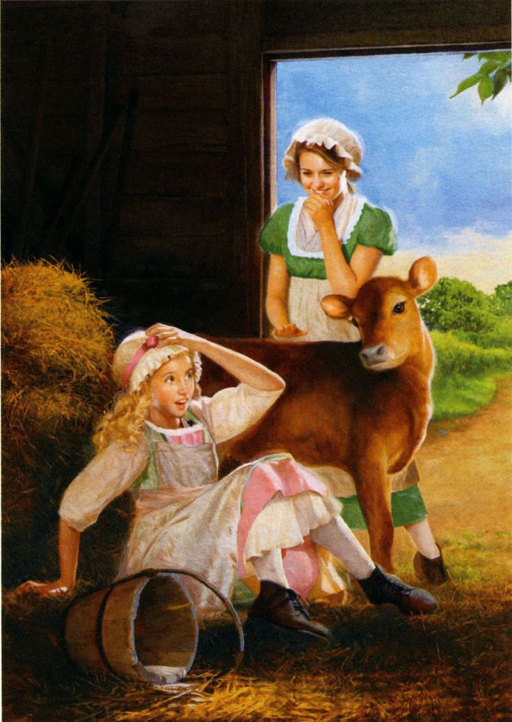 a painting of two children and a cow