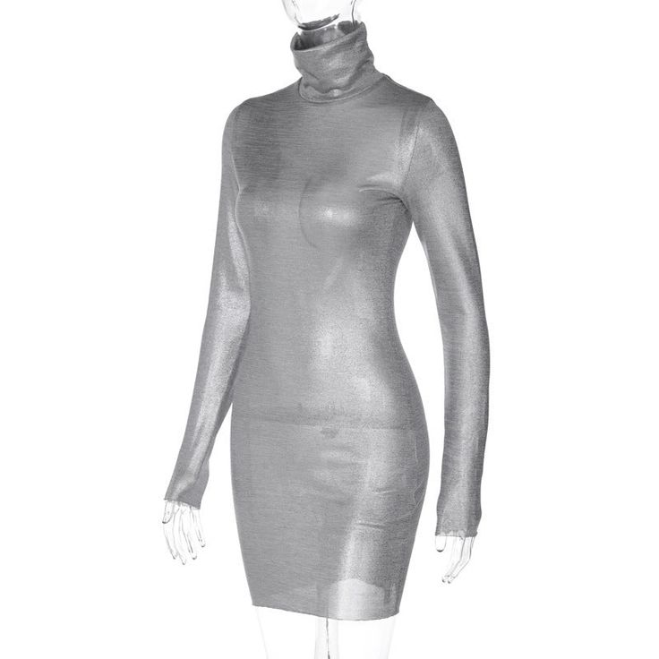 Features: Upgrade your wardrobe with our elegant Silver Turtleneck Long Sleeve Mini Dress. This dress is perfect for any occasion, whether it's a night out or a special event. The sparkly bodycon design will surely turn heads, while the classic turtleneck and long sleeves will keep you warm and stylish in the autumn and winter months. A must-have for any fashion-forward woman. Elegant High Neck Bodycon Mini Dress, Elegant High-neck Bodycon Mini Dress, Elegant Fitted High Neck Bodycon Dress, Elegant Stretch High Neck Mini Dress, Winter Formal Fitted Bodycon Dress, Elegant Winter Bodycon Dress For Party, Elegant Slim Fit Bodycon Dress For Fall, Elegant High Neck Bodycon Dress For Night Out, Elegant High Neck Mini Dress For Night Out