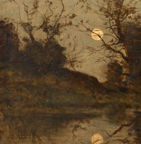 a painting with trees and water in the foreground