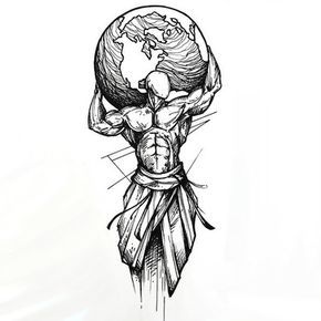 an ink drawing of a man holding the world on his back with one arm wrapped around him