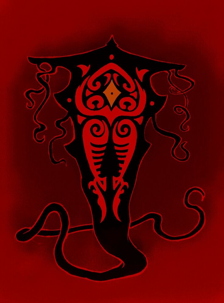 a red and black drawing of an elephant with intricate designs on it's back