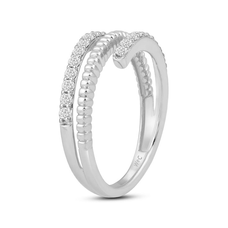 a white gold ring with two rows of diamonds on the sides and an open band