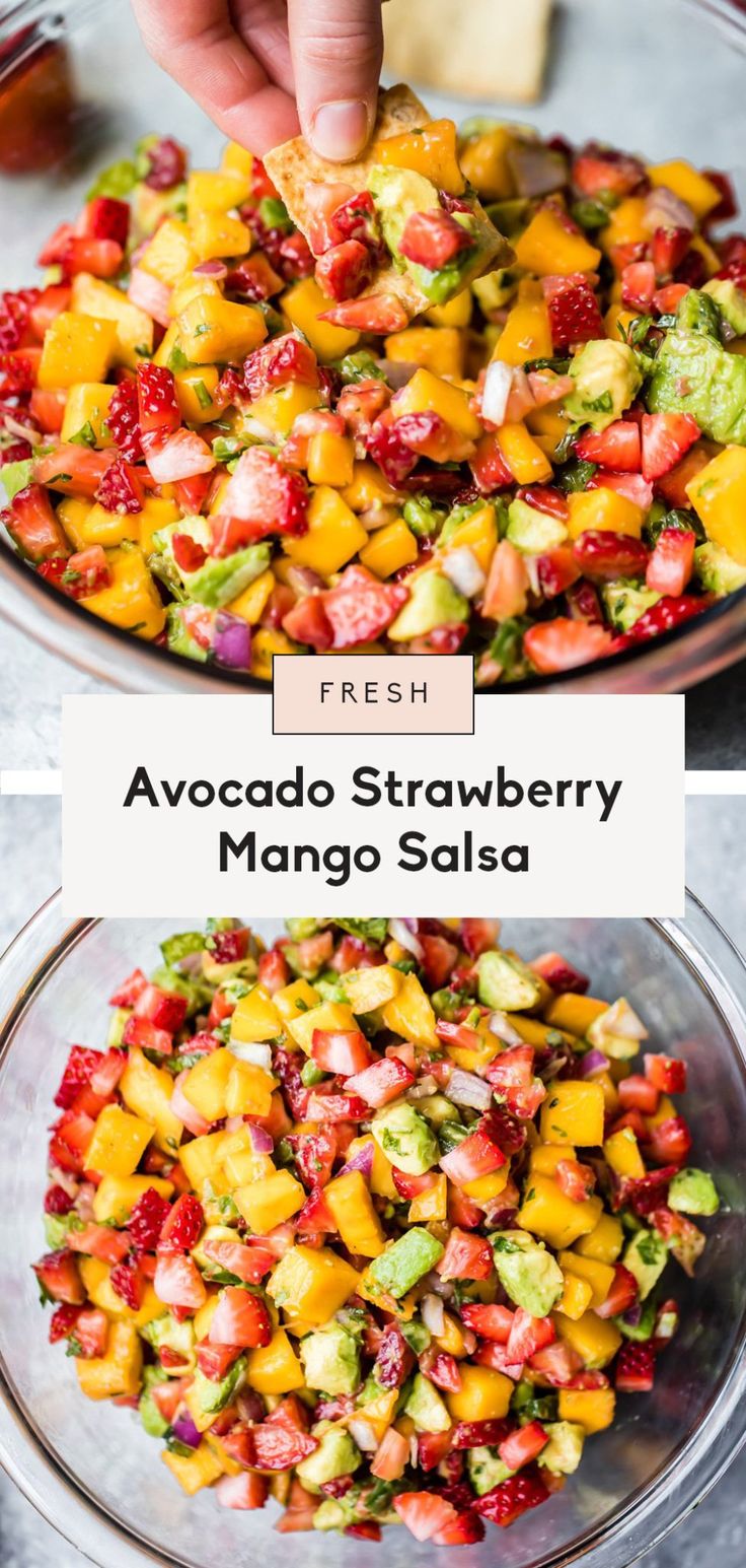 fresh fruit salad with avocado, strawberries and mango salsa