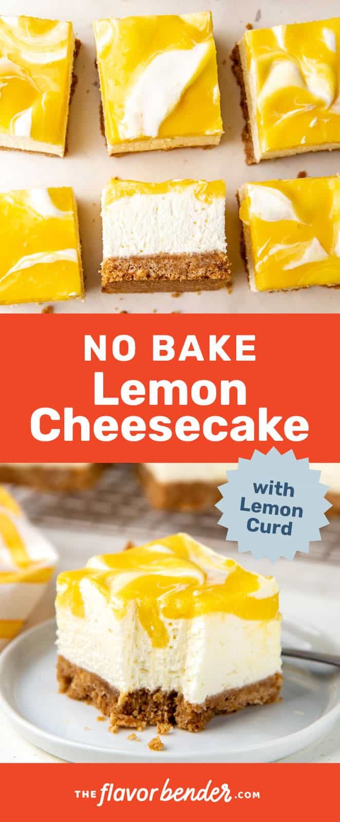 no bake lemon cheesecake on a white plate with the title in red above it