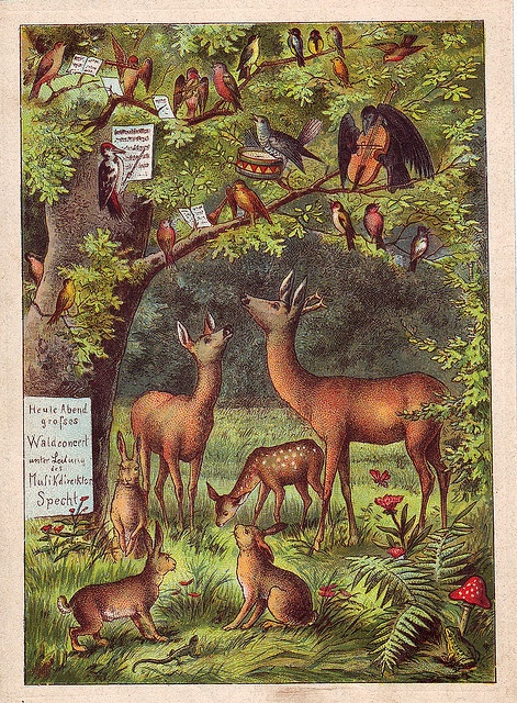 an illustration of deer and other animals in a forest with birds on the tree branches