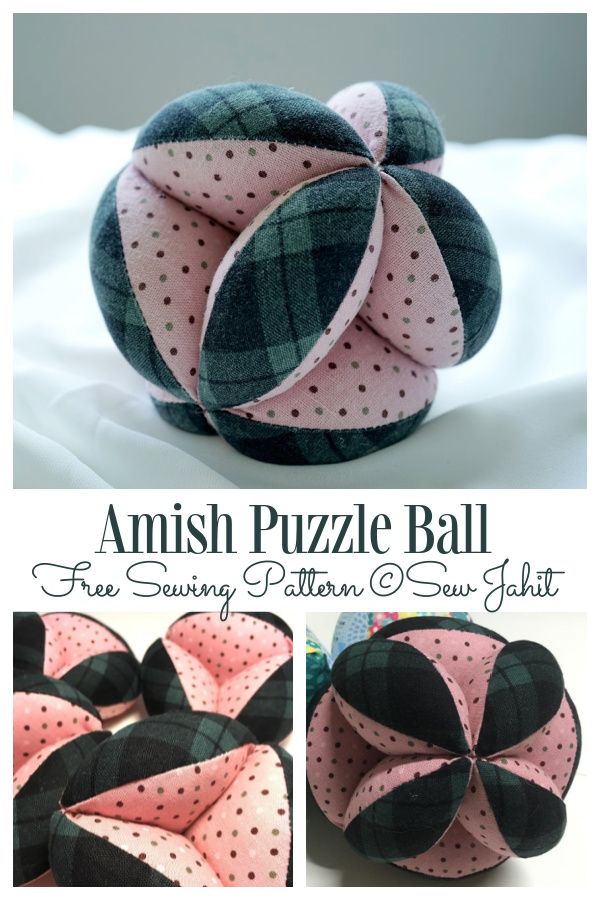 this is an image of the finished amish puzzle ball with pink and black polka dots