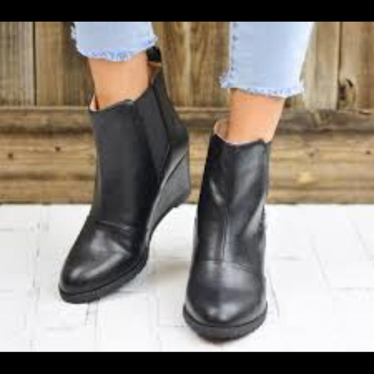 Super Cute Black Wedge Booties Spring Workwear Wedge Boots With Round Toe, Casual Wedge Ankle Boots With Stacked Heel, Casual Wedge Boots With Round Toe For Work, Casual Wedge Boots With Stacked Heel And Round Toe, Black Round Toe Wedge Boots For Spring, Black Closed Toe Wedge Boots For Spring, Casual Wedge Heel Boots For Work, Black Wedge Heel Boots For Work, Black Casual Wedge Boots For Work