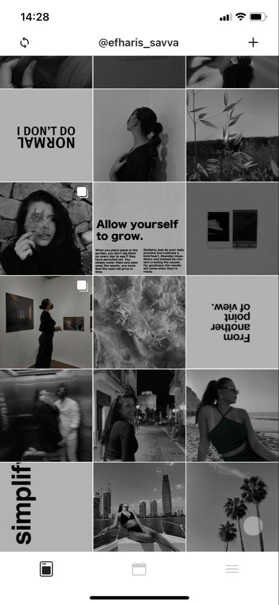 an iphone photo collage with black and white images, including the words'follow yourself to grow '