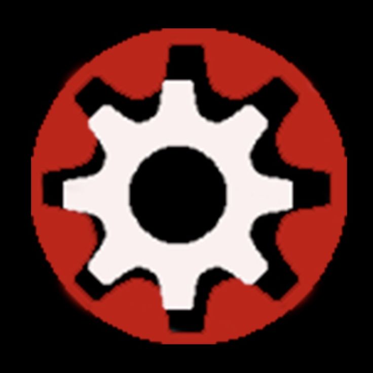 a red and white circle with two gears on it's center, in front of a black background