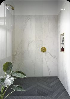 a bathroom with white marble walls and flooring next to a green potted plant