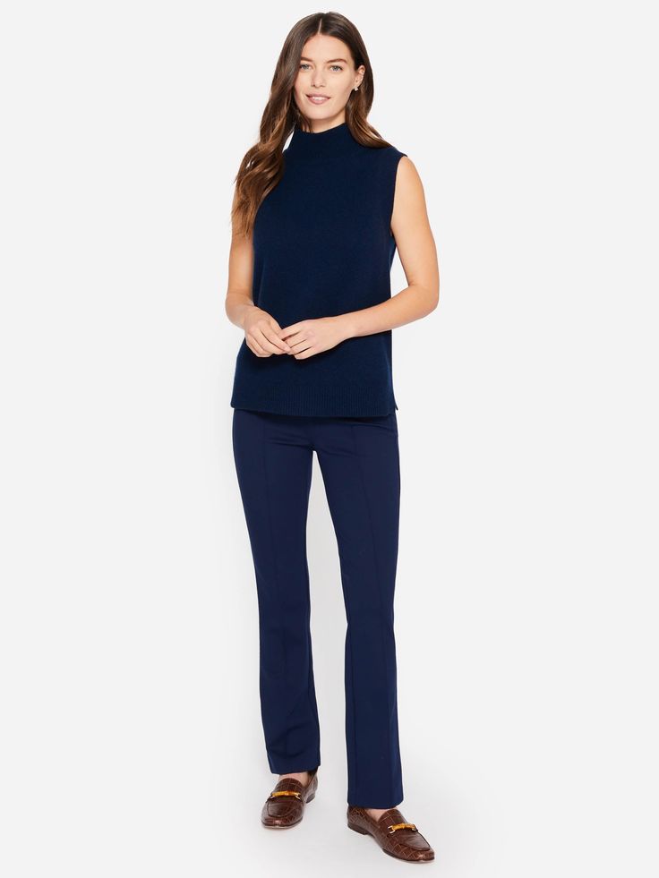 Can a pant transform your life? Absolutely. The Rylie pull on pant comes in Compact Bainbridge, our wrinkle-free knit jersey, and boasts a tummy control inner panel for a thoroughly slimming effect. It's a must for work, weekend and everything in between. | Pull-on style Tummy control panel Back pockets Compact Bainbridge (60% Raylon, 35% Nylon, 5% Spandex) Hand wash cold. Lay flat to dry. Size & Fit Mid-rise Bell leg 29" inseam (size M) Model is 5'9" and is wearing a size XS Size Chart | Cl Chic Navy Wide Leg Workwear Pants, Chic Navy Wide Leg Pants For Work, Elegant Stretch Navy Pants, Chic Navy Wide-leg Pants, Chic Fitted Navy Pants, Chic Navy Fitted Pants, Chic Navy Straight Leg Pants, Chic Navy Pants For Office, J Mclaughlin