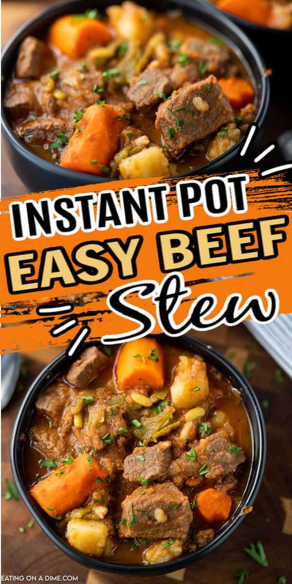 two bowls filled with beef stew on top of a wooden table and the words instant pot easy beef stew above it