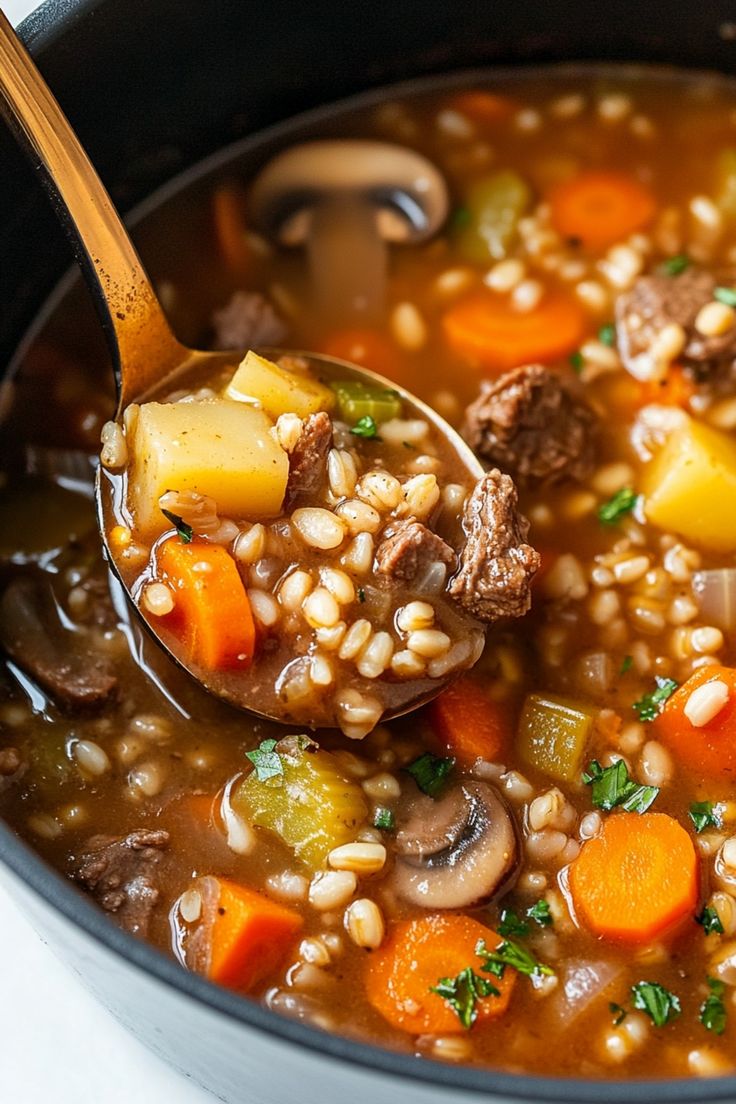 a ladle full of beef and barley soup