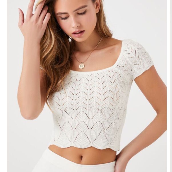 Cute Scallop Print Knit Top Trendy Fitted White Crochet Top, Trendy White Fitted Crochet Top, Fitted Textured Crochet Top, Fitted White Soft Knit Top, White Textured Knit Crop Top For Spring, White Open Knit Stretch Crop Top, White Stretch Open Knit Crop Top, Trendy White Knit Tops, White Fitted Textured Crochet Top