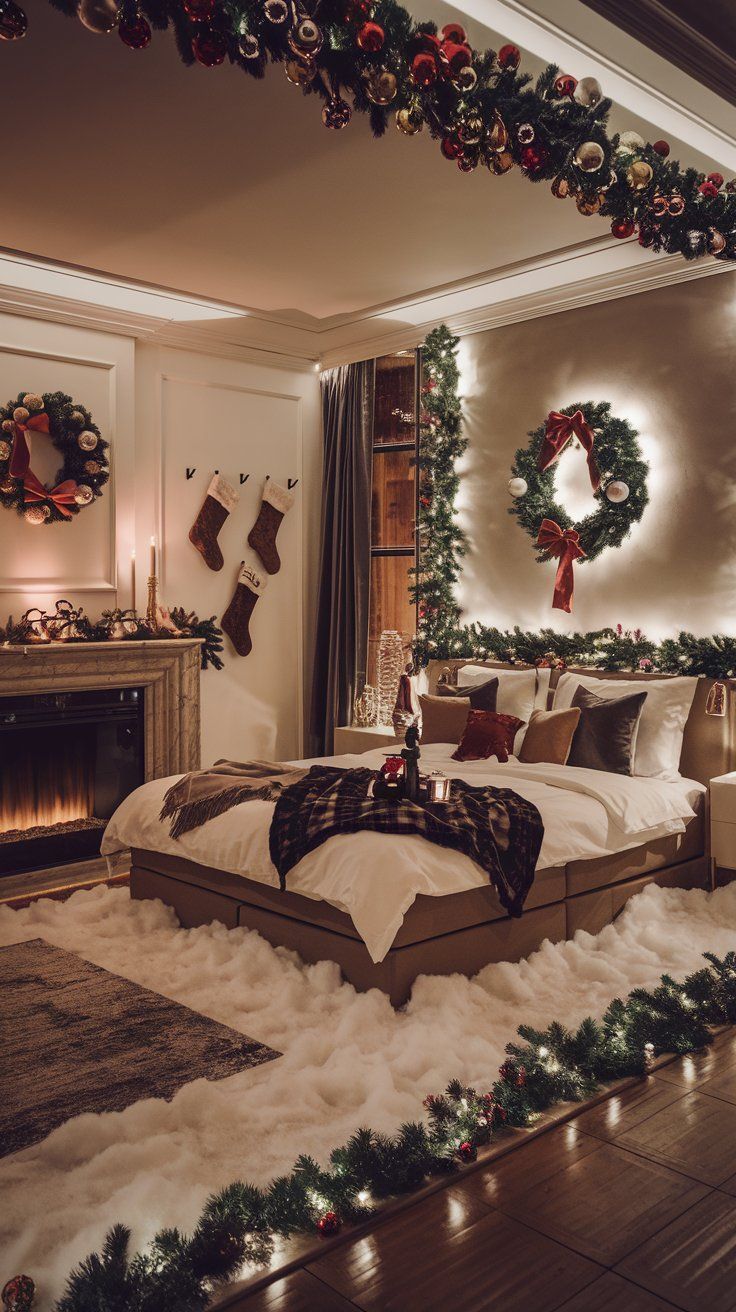 a bedroom decorated for christmas with wreaths and lights