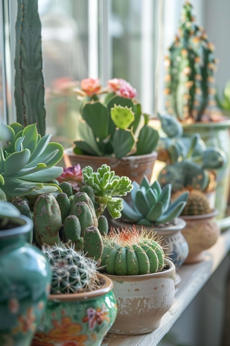 many different kinds of cactus in pots on a window sill