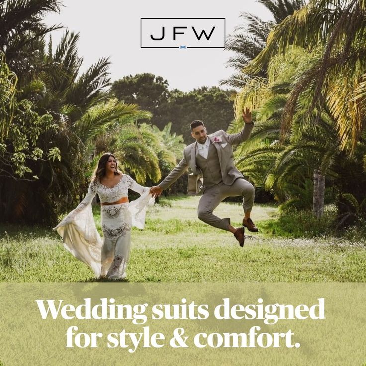 Bride and groom walking, holding hands in grassy area surrounded by palm trees.  Groom jumping up, tapping heals, in excitement. Allure Men, Groom And Groomsmen Suits, The Sound Of Waves, Beach Wedding Inspiration, Groomsmen Suits, Jumping For Joy, Slim Fit Suit, Beach Weddings, Suit Designs