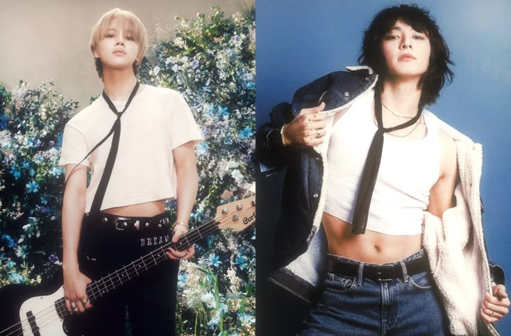 two pictures of the same person in front of a christmas tree, one with an electric guitar