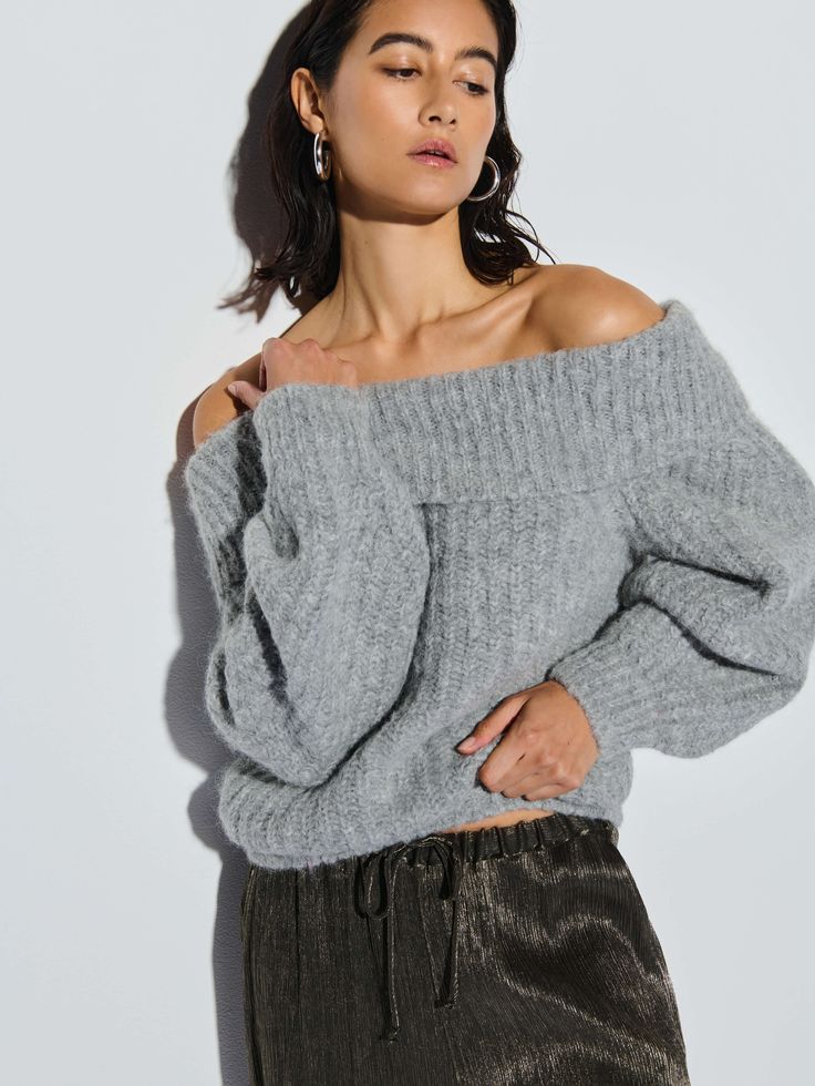 Stay warm and look good doing it in this folded, off-the-shoulder, balloon-sleeve sweater. Style tip: Pair with your favorite denim for that always cool, off-duty look. (This one comes in Dove Gray Heather.) | Women's Serena Sweater Top in Dove Gray Heather | Ethical Essentials Chic Winter Sweater With Blouson Sleeves, Casual Winter Sweater With Blouson Sleeves, Chic Off-shoulder Winter Sweater, Oversized Off-shoulder Fall Sweater, Chic Off-shoulder Fall Sweater, Chic Cold Shoulder Fall Sweater, Chic Off-shoulder Cold Shoulder Top For Fall, Chic Oversized Off-shoulder Sweater, Chic Off-shoulder Top For Fall