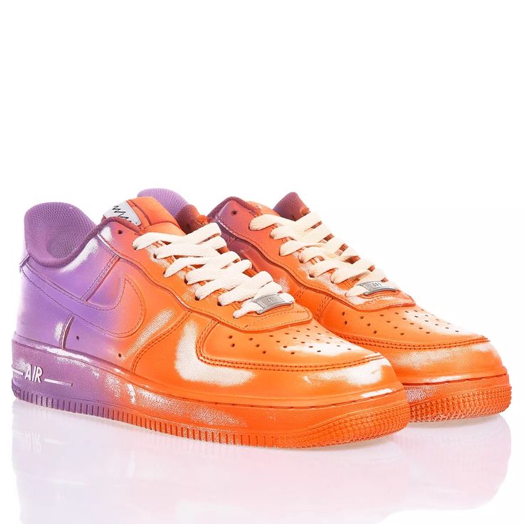 Nike Air Force 1 Orange Purple is the custom sneaker you didn't expect! The shades of orange and purple blend with vintage white effects that recall classic laces. Standing out has never been so easy thanks to these sneakers! Custom Orange Low-top Sneakers With Translucent Outsole, Orange Low-top Custom Sneakers With Translucent Outsole, Custom Purple Sneakers For Sneaker Matching, Custom Orange Lace-up Sneakers With Gum Sole, Orange High-top Nike Air Force 1 For Streetwear, Purple Low-top Custom Sneakers With Translucent Outsole, Purple Custom Sneakers With Translucent Outsole For Streetwear, Custom Purple High-top Sneakers With Gum Sole, Orange Fade-resistant Sneakers For Streetwear