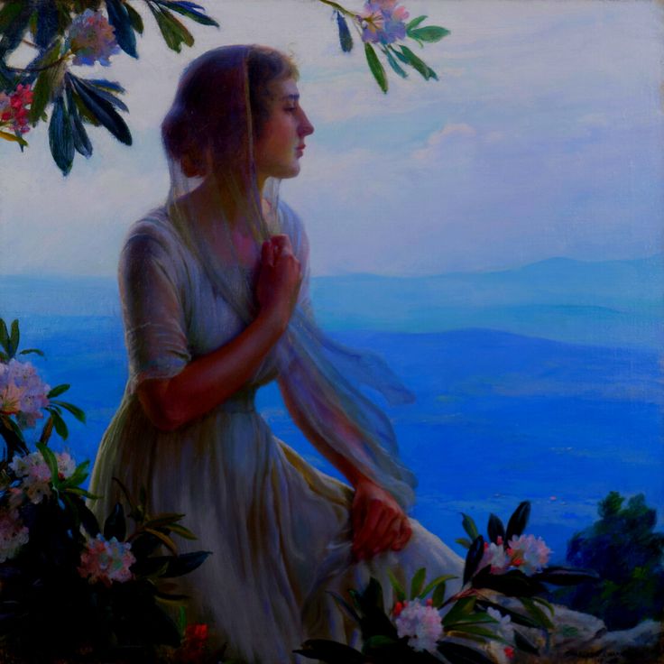 a painting of a woman sitting on top of a hill with flowers in front of her