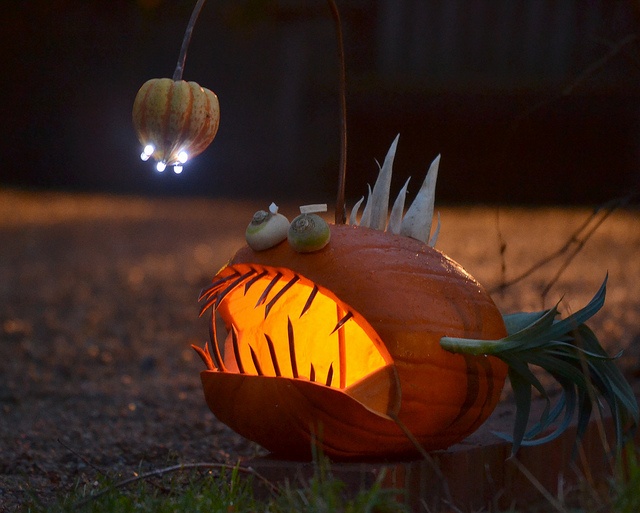 a pumpkin shaped like a fish with lights on it