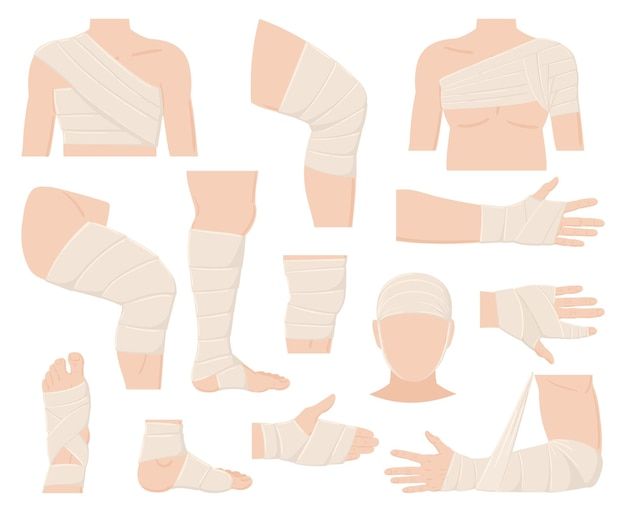 an image of bandaged hands and feet in various positions illustration on white background stock photo