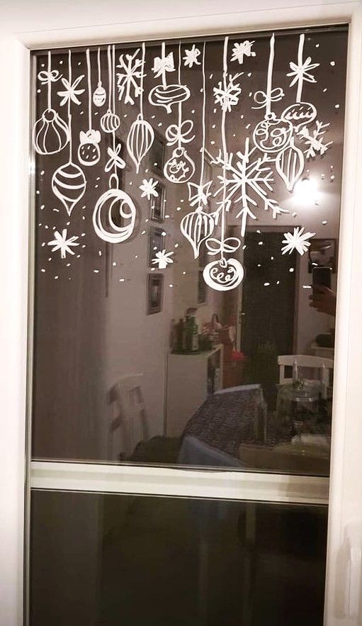 the window is decorated with christmas ornaments