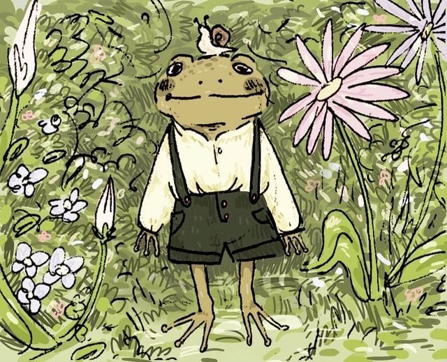 the frog is wearing overalls and standing in front of some flowers with a butterfly on his head