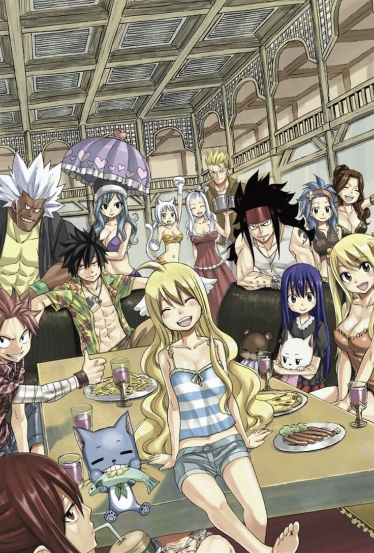 anime characters sitting around a table with food and drinks