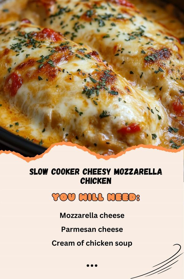 a menu for a chicken mozzarella recipe with the words slow cooker cheesy mozzarella