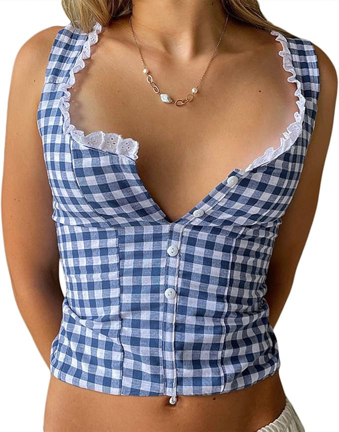 Summer Plaid Tank Top, Fitted Gingham V-neck Top, Fitted Plaid Top For Picnic, Summer Vintage Outfits, Crop Top Styles, Womens Tank Tops Summer, 2000s Clothing, Backless Tank Top, Streetwear Girl