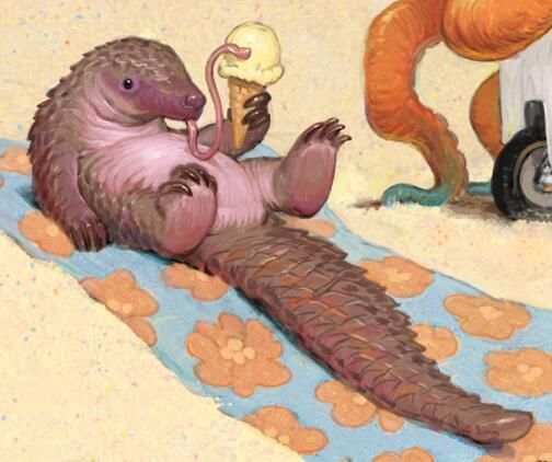 an animal that is laying down on a blanket with ice cream in its mouth and another animal behind it