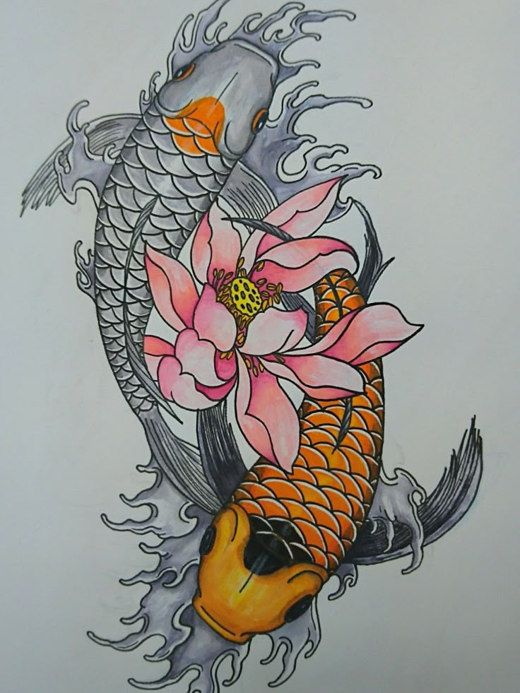 a drawing of a koi fish with flowers on it