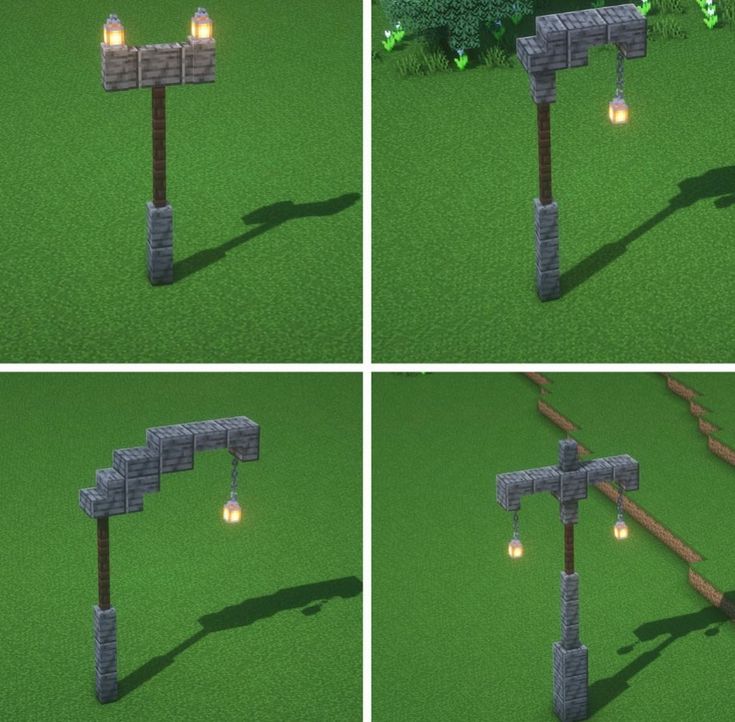 four different angles of a lamp post in the middle of some grass with lights on it