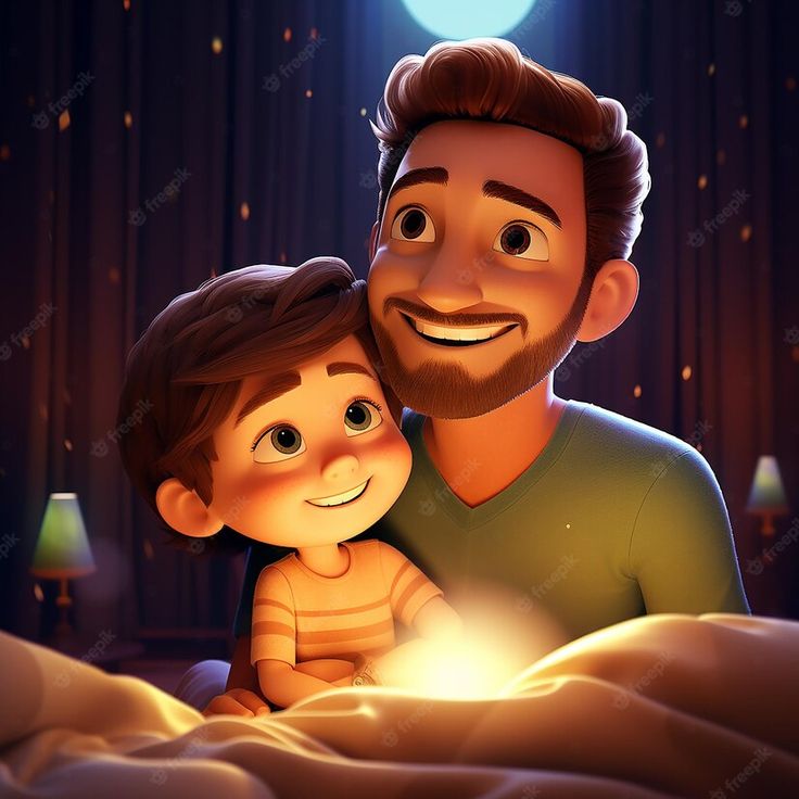 a man holding a little boy in bed at night