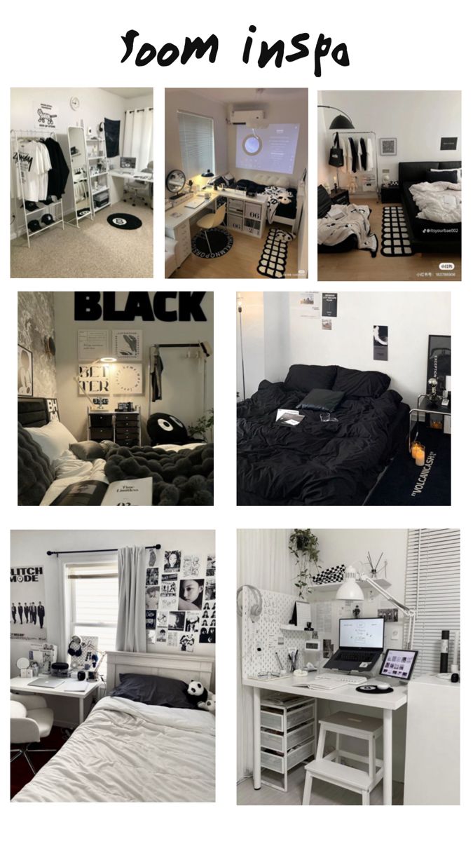 the collage shows different rooms in black and white