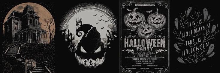 three halloween banners with pumpkins and ghost faces in front of a house at night