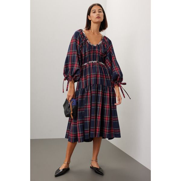 Multicolor plaid cotton (64% rayon, 34% polyester, 2% elastane). Hourglass. Long sleeves. Boat neck. Pull on. 46" from shoulder to hemline. Imported. Midi-length Plaid Dress For Fall, Fall Gingham Plaid Midi Dress, Workwear Midi Length Plaid Dress, Plaid Midi Length Dress For Work, Fitted Midi Length Plaid Dress, Fall Plaid Midi Dress, Plaid Cotton Midi Dress For Fall, Plaid Cotton Dresses For Daywear, Fall Plaid Cotton Midi Dress