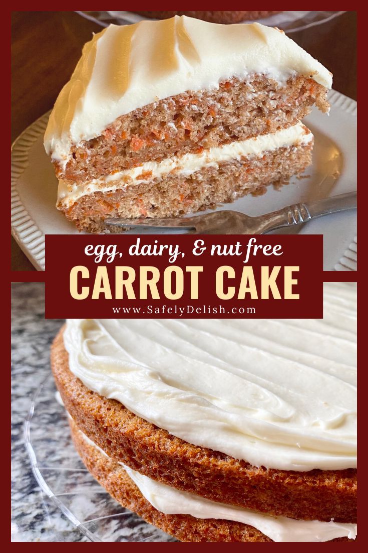 an egg, dairy and nut free carrot cake with cream cheese frosting on top