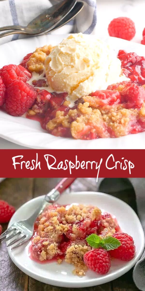 fresh raspberry crisp on a plate with ice cream