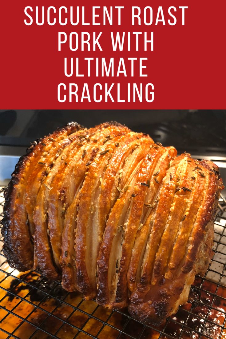 roasting pork on the grill with text overlay