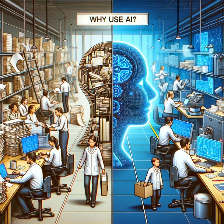 two images side by side with people working in an office and the same image has a human head