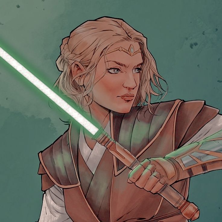 a woman with blonde hair holding a green light saber