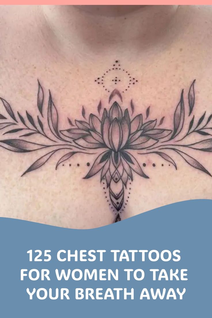 Experience the awe-inspiring beauty of chest tattoos for women! Delve into a world where art meets expression, with intricate designs and meaningful symbols adorning the chest. From delicate florals to bold statements, let these tattoos take your breath away and inspire your inner artist. Explore the limitless possibilities of self-expression on this captivating canvas. Tattoo Idea Chest Female, Ladies Chest Tattoo Ideas, Center Of Chest Tattoo Female, Female Chest Tattoo Ideas Middle, Breast Tattoos For Women Chest Piece, Women’s Chest Tattoo, Feminine Chest Tattoo For Women, Womens Chest Tattoo Ideas, Cleavage Tattoos For Women