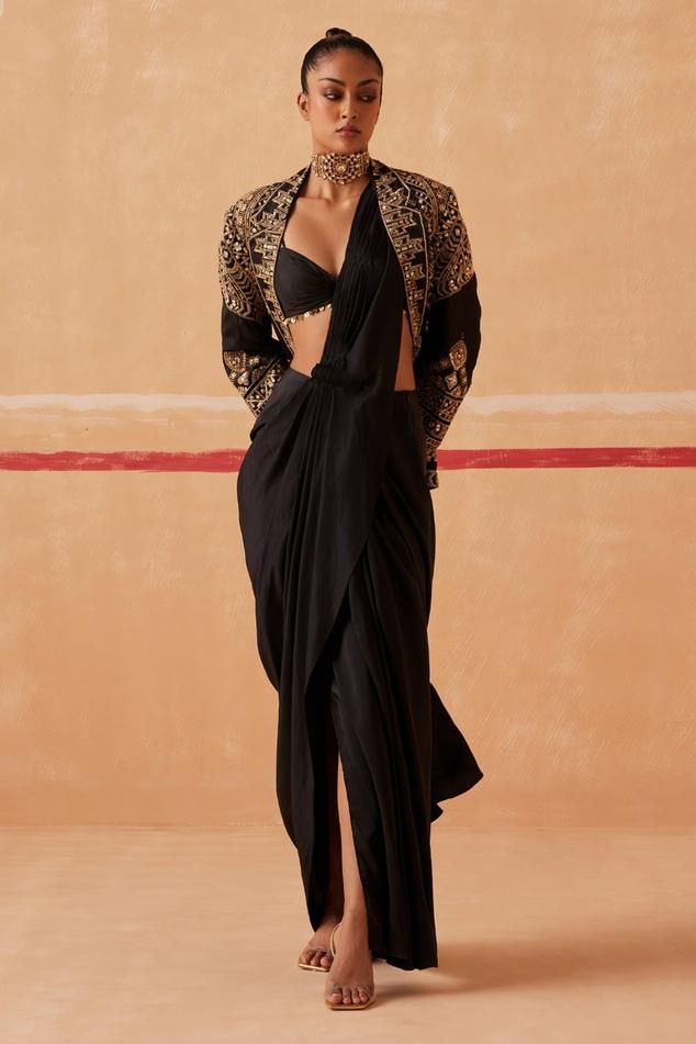 Black pre-draped saree with pleated detailing on pallu. Paired with V neck blouse and sequin, bead, cutdana, thread embroidered jacket in geometric pattern. - Aza Fashions Embroidered Georgette Pre-draped Saree For Formal Occasions, Elegant Chanderi Pre-draped Saree For Evening, Embroidered Pre-draped Saree With Long Sleeves For Reception, Embellished Long Sleeve Pre-draped Saree For Party, Embroidered Fitted Pre-draped Saree For Evening, Embroidered Pre-draped Saree For Formal Festive Occasions, Elegant Pre-draped Saree With Resham Embroidery, Festive Party Wear Pre-draped Saree With Resham Embroidery, Elegant Draped Dupatta With Resham Embroidery