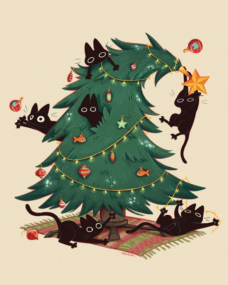 cute cat christmas tree postcard card funny mess adorable digital illustration festive card postcard design by chetom Sony Cat, ポップアート ポスター, Výtvarné Reference, Illustration Noel, Cute Christmas Wallpaper, Christmas Card Art, 카드 디자인, Cat Christmas, Christmas Drawing