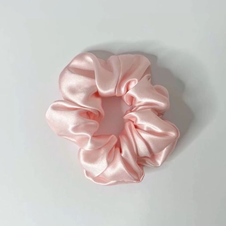 Pink Silk Scrunchie, Sleepover Baskets, Coquette Scrunchies, Silk Scrunchies Aesthetic, Hair Ups, Pink Hair Tie, Cute Hair Ties, Silk Hair Ties, Silk Hair Tie