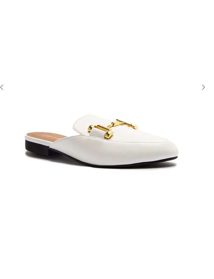 White Flat Mule Gold Tone Hardware Accent Faux Leather Heel Measures Approx: 0.5"H Mules For Men, Gold Mules, Instagram Review, Crystal Heels, Elegant Outfits, White Flat, Flat Mules, Faux Leather Heels, White Slip