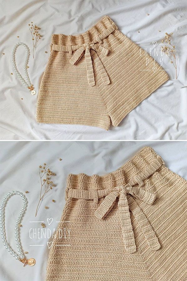 crocheted shorts with bows and pearls on the bottom are shown in two different views